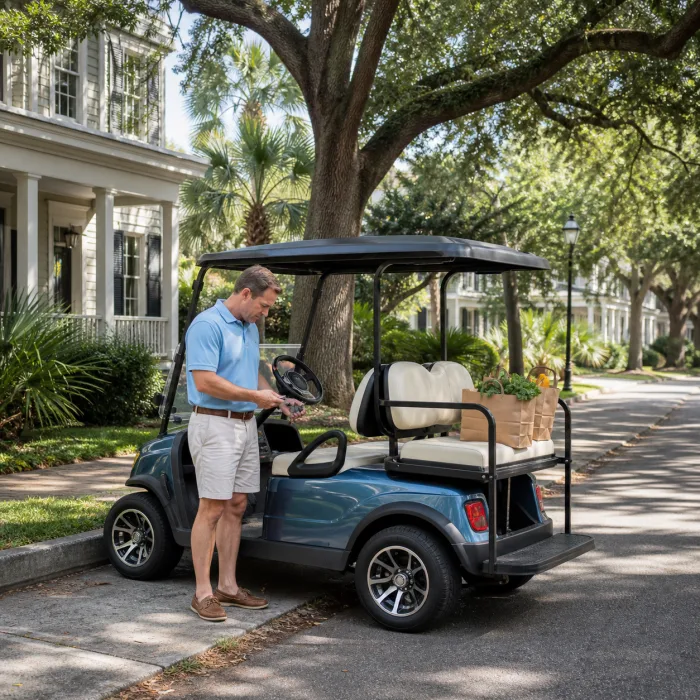 Broken-down golf cart receiving local mobile service in the Old Village, Mount Pleasant
